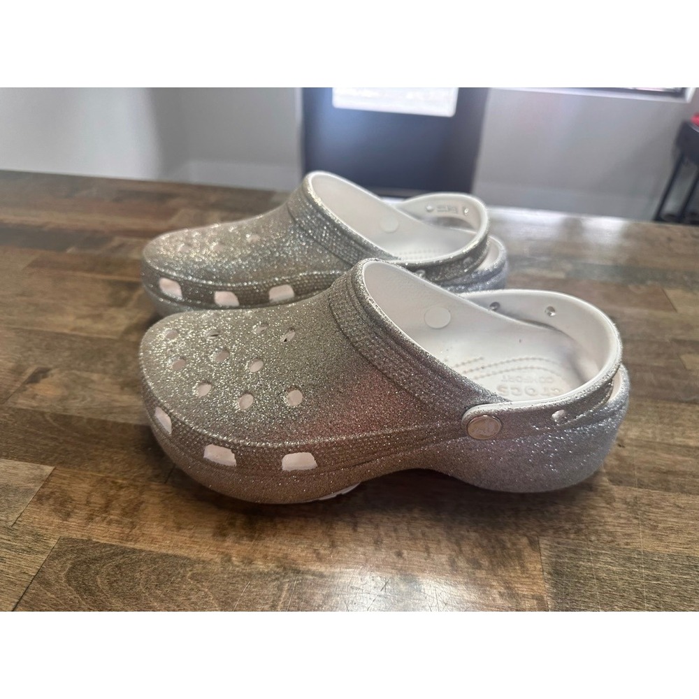 Crocs Clogs Womens 10 Silver Classic Platform Glitter Sparkle Slip On Shoes